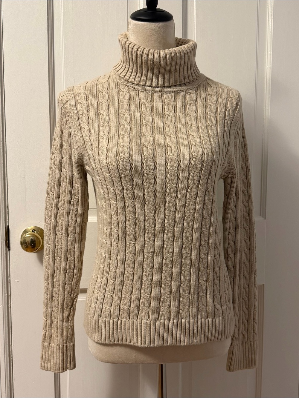 LL Bean Women’s 100% Cotton Beige Cable Knit Turtleneck Sweater, Size S